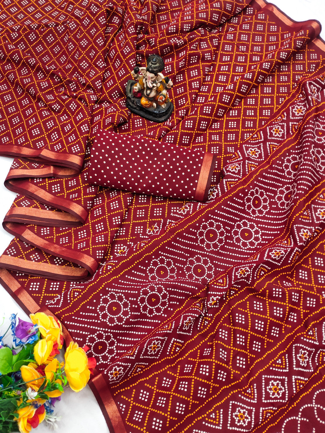 Red Bandhej Printed Soft Cotton Saree With Zari Border