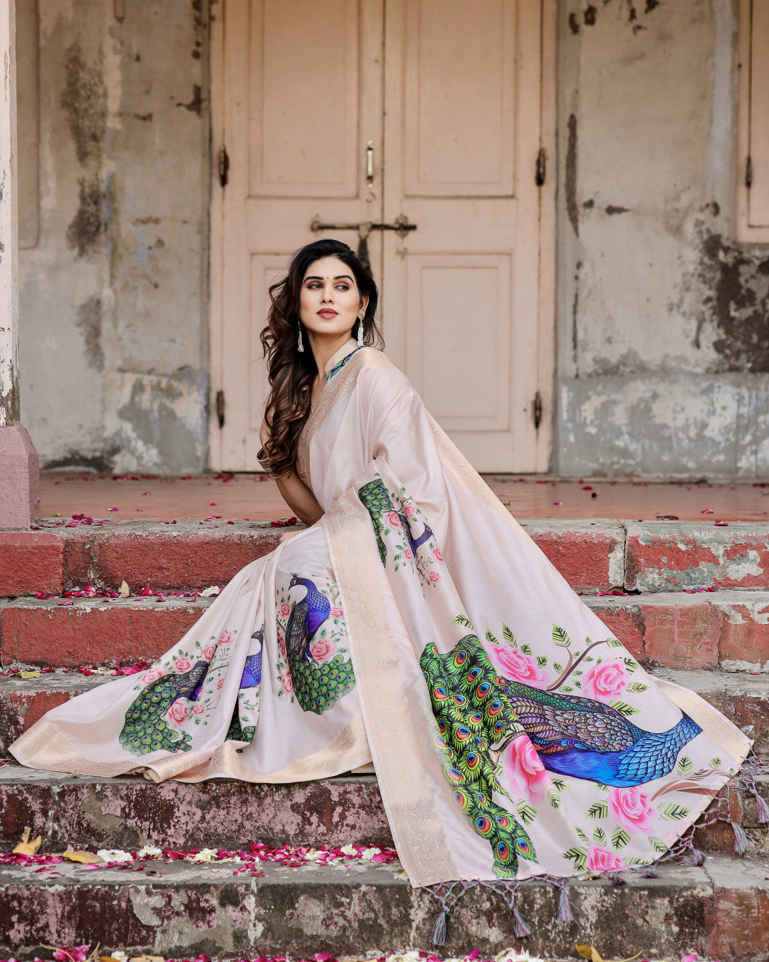 Pastel Pink Peacock Kalamkari Printed Tussar Silk Saree With Zari Motif Border