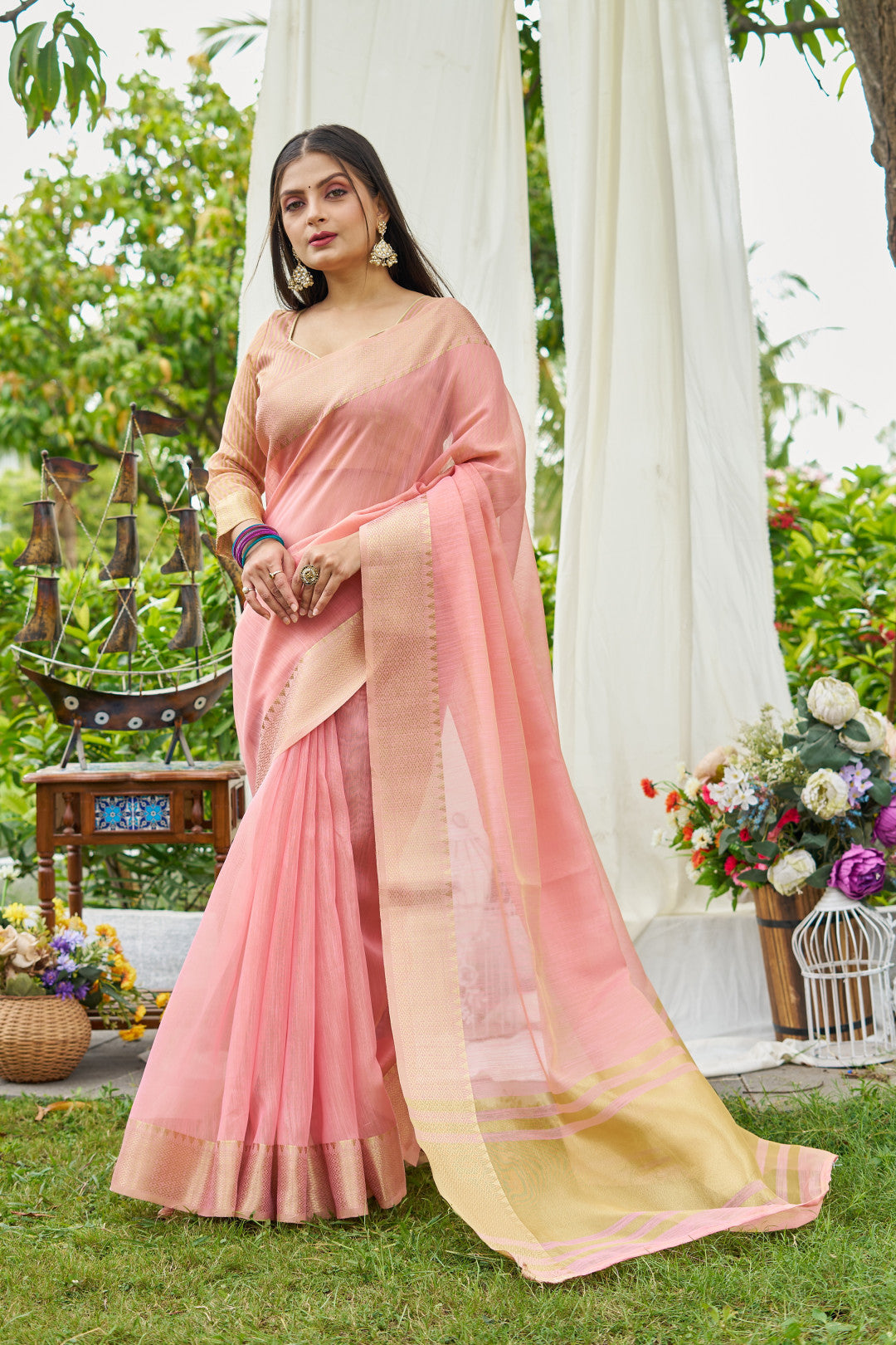 Pink Color Linen Cotton Saree With Zari Weaving Border