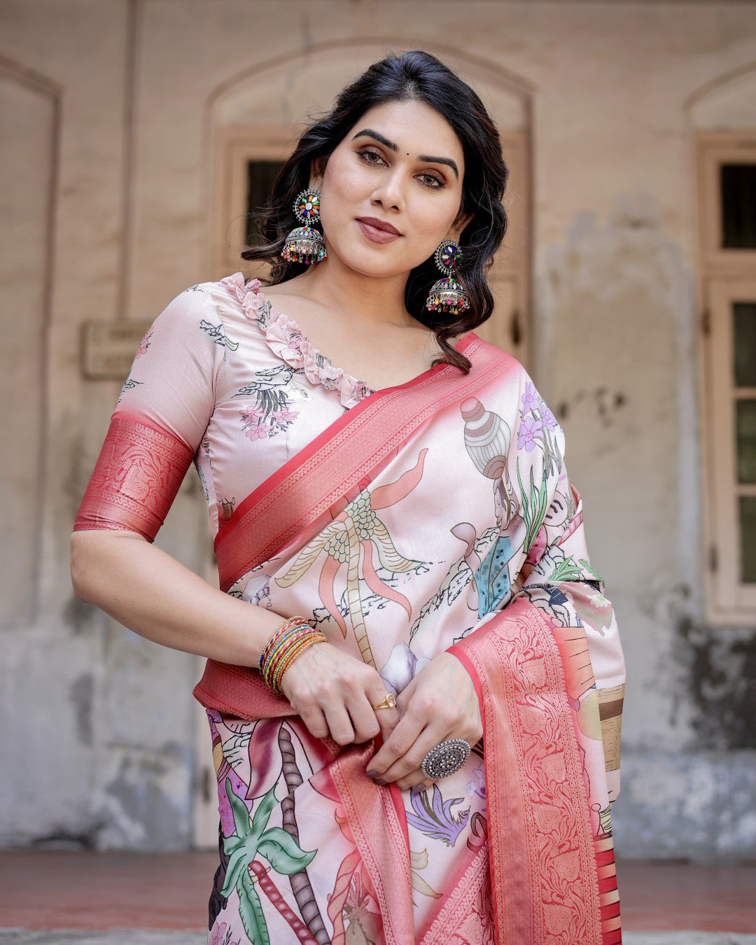 Multi Digital Kalamkari Printed Tussar Silk Saree With Zari Motif Border