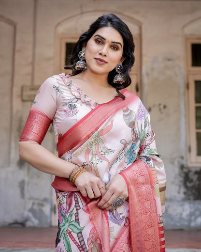 Multi Digital Kalamkari Printed Tussar Silk Saree With Zari Motif Border
