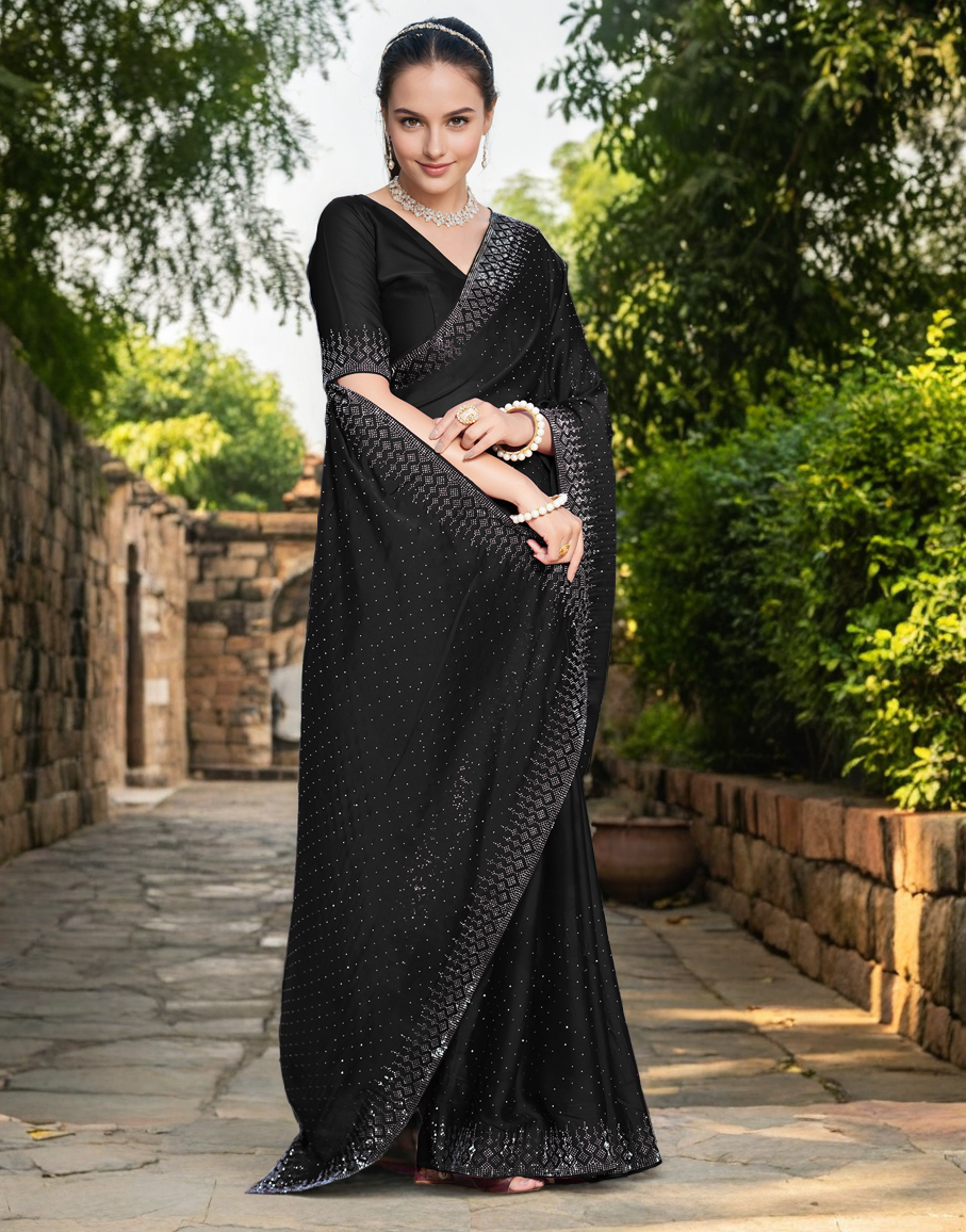 Fancy Black Rangoli Silk Saree With Diamond Work