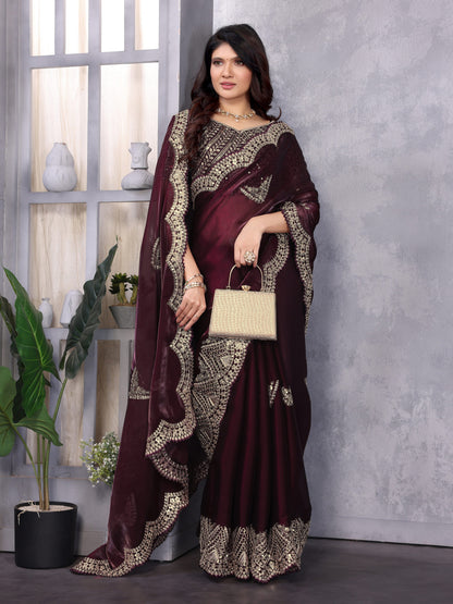 Wine Fancy Shimmer Chiffon Saree With Embroidery Work