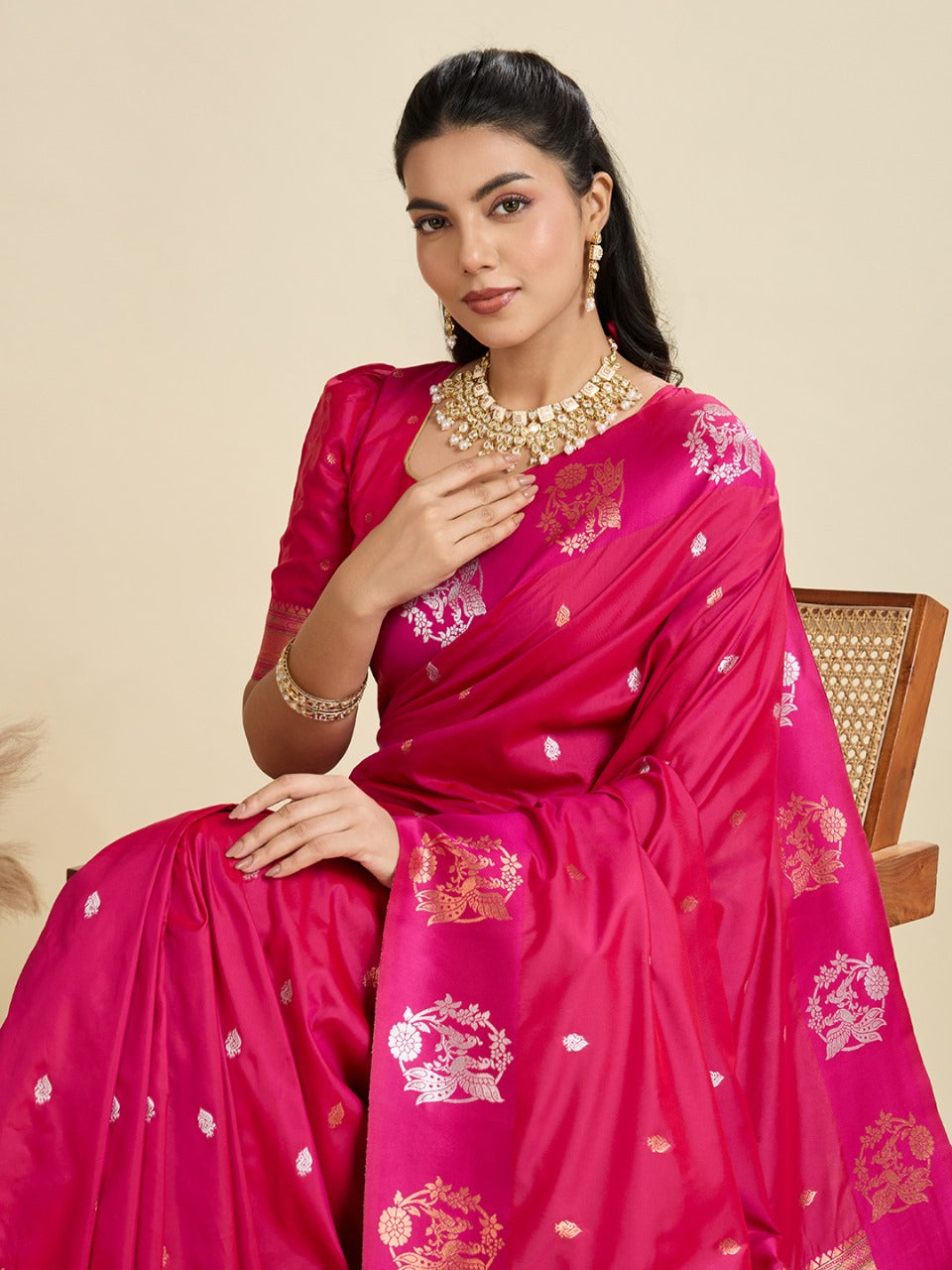 Pink Kanjivaram Silk Saree With Zari Weaving Butta Border & Designer Rich Paithani Pallu