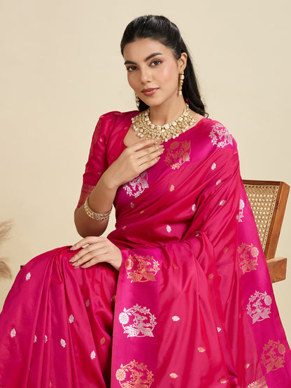 Pink Kanjivaram Silk Saree With Zari Weaving Butta Border & Designer Rich Paithani Pallu