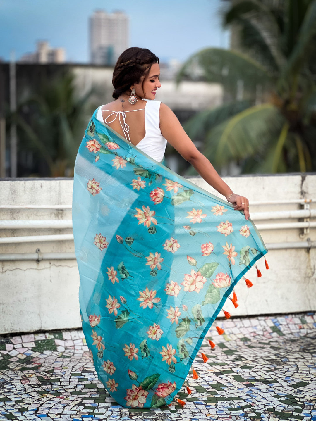 Sky Blue Pichwai Printed Chanderi Cotton Saree
