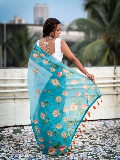 Sky Blue Pichwai Printed Chanderi Cotton Saree