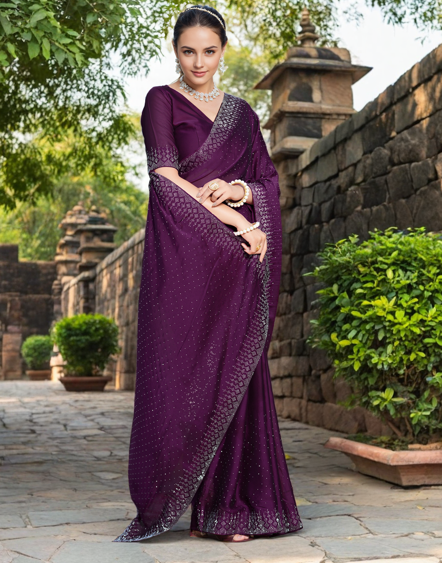 Fancy Wine Rangoli Silk Saree With Diamond Work