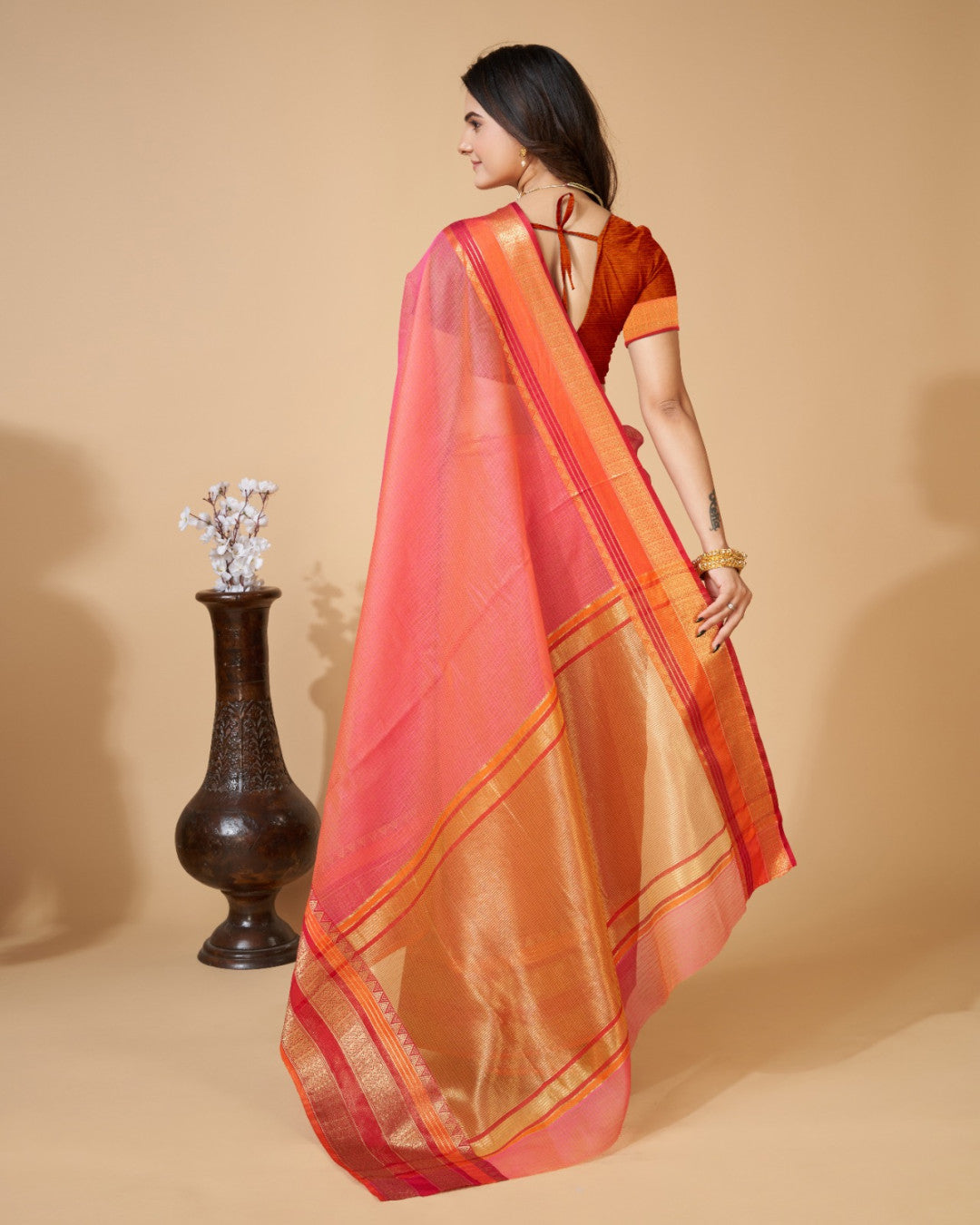 Gajari Color Kota Doriya Saree With Zari Weaving Work