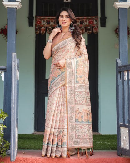 Soft Linen Cotton Saree With Kalamkari Printed Work