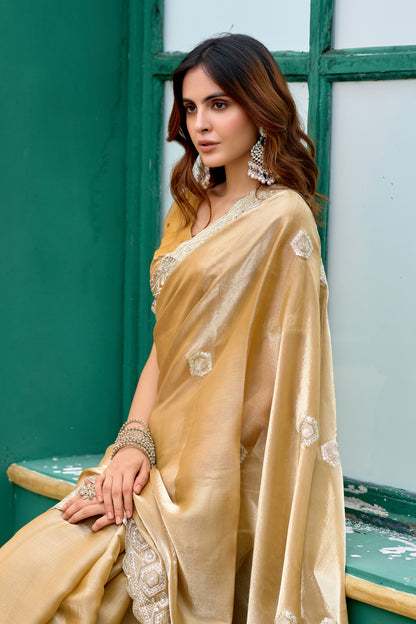 Beige Fancy Shimmer Chiffon Saree With Embroidery Work