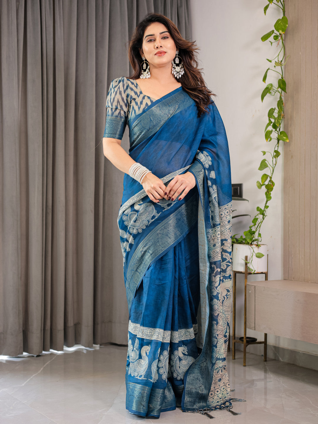 Royal Blue Kalamkari Digital Printed Linen Cotton Saree