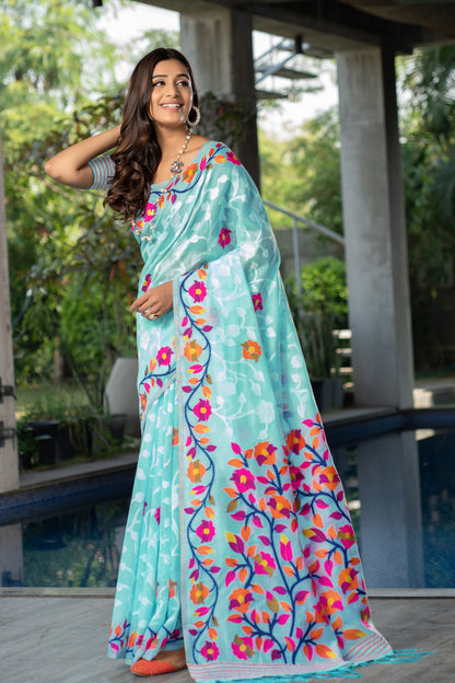 Sky Blue Color Soft Jamdani Cotton Saree With Woven Design