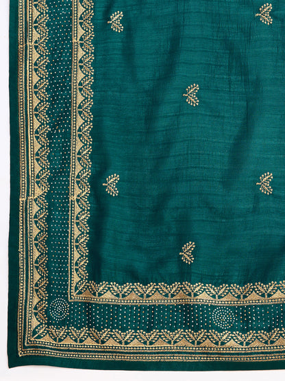 Fancy Rama Green Soft Vichitra Silk Saree With Embroidery Work