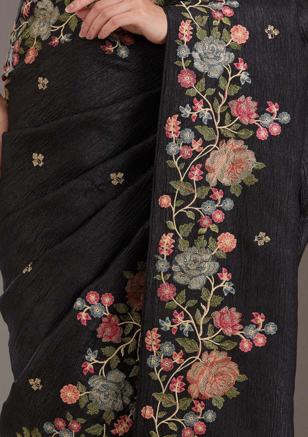 Black Fancy Crunchy Silk Saree With Multi Thread Work And Piping Lace Border