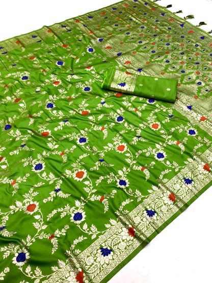 Mahendi Green Banarasi Silk Saree With Meenakari Zari Weaving Work