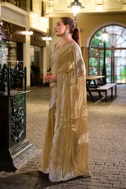 Beige Fancy Shimmer Chiffon Saree With Embroidery Work