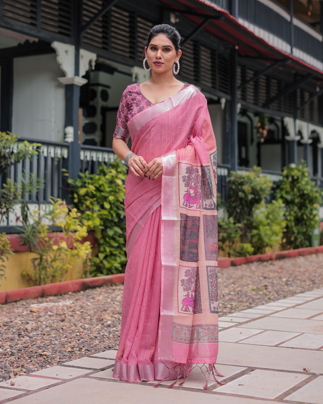 Baby Pink Soft Linen Cotton Saree With Digital Printed Work