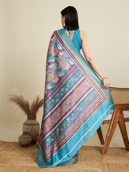 Multi Soft Cotton Saree With Digital Printed Pallu & Zari Border