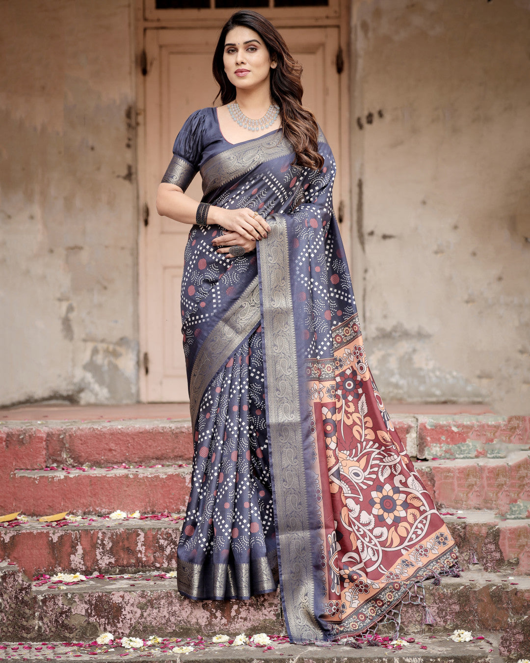 Blue Kalamkari Digital Printed Dola Silk Saree With Gold Zari Border