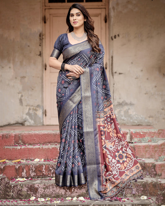Blue Kalamkari Digital Printed Dola Silk Saree With Gold Zari Border