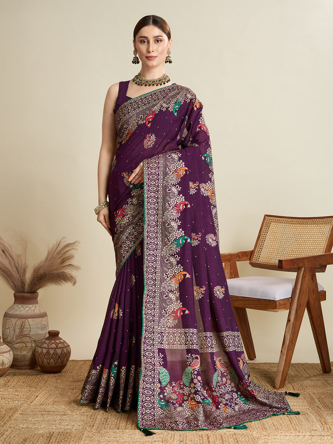 Wine Cotton Saree With Table Printed And Foil Work With Pipeing Border