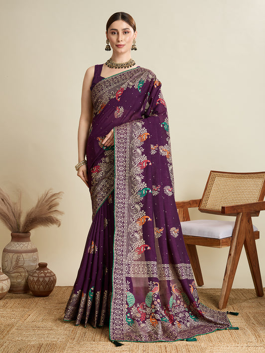 Wine Cotton Saree With Table Printed And Foil Work With Pipeing Border