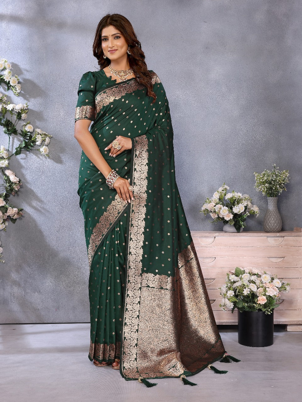 Green Traditional Banarasi Silk Saree With Zari Weaving Work