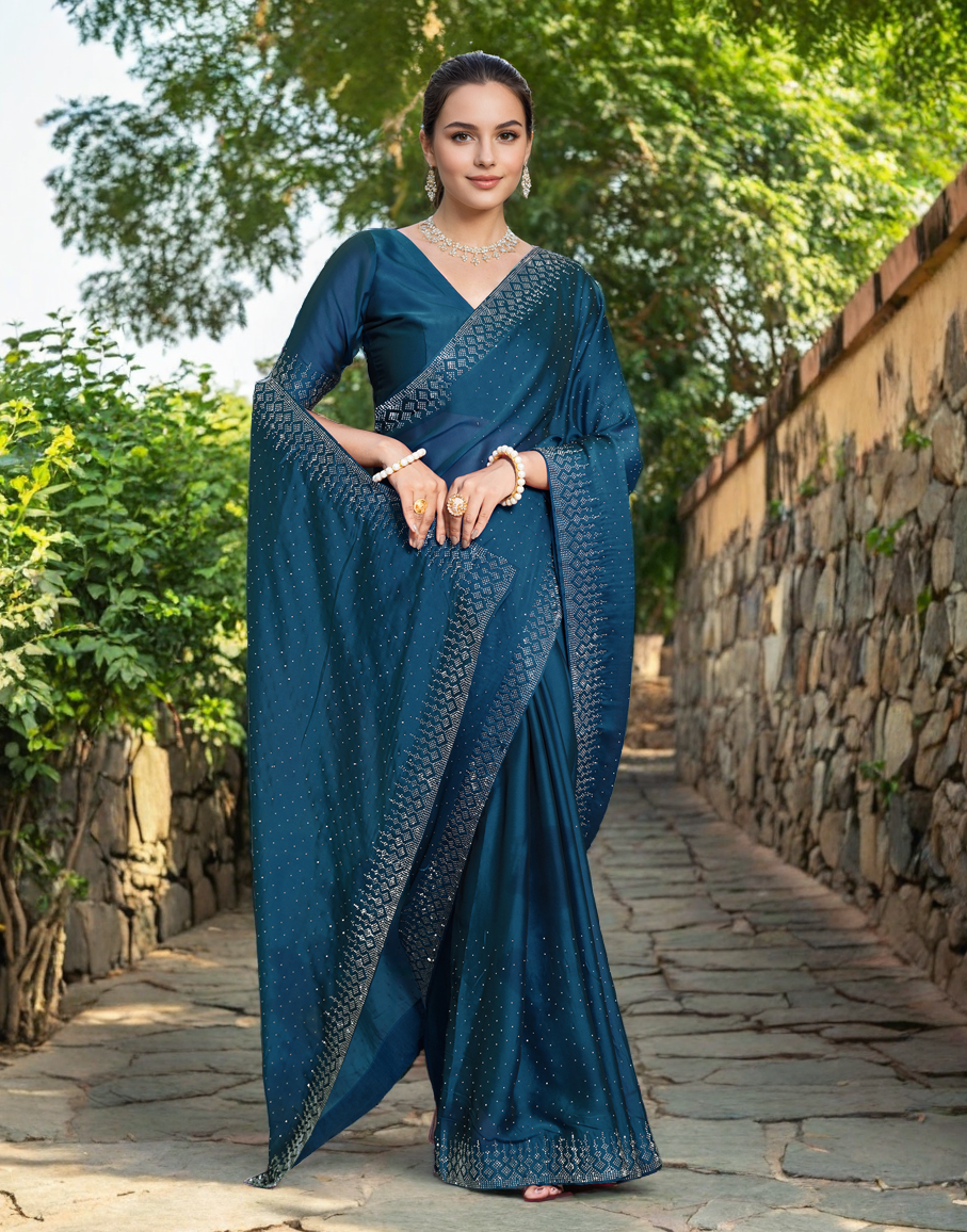 Fancy Teal Blue Rangoli Silk Saree With Diamond Work