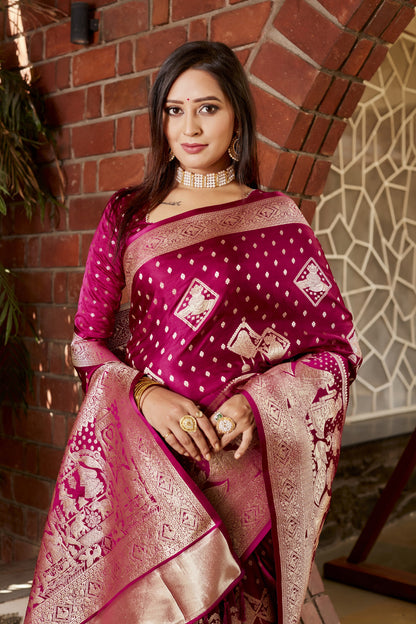 Wine Kanjivaram Satin Silk Saree With Zari Weaving Butta & Rich Designer Pallu