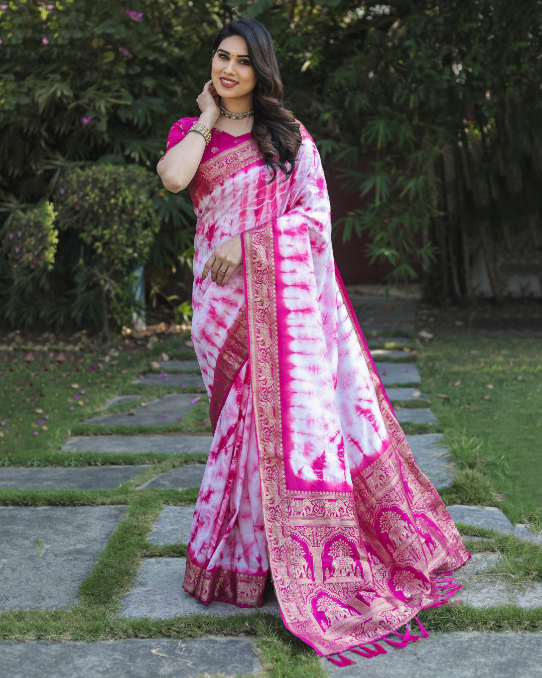 Rani Pink Color Dola Silk Saree With Shibori Printed Work