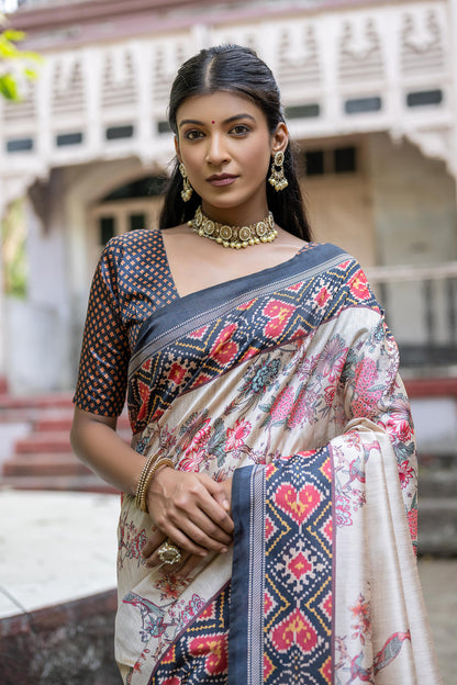 Black Color Soft Tussar Silk Saree With Patola Printed Work