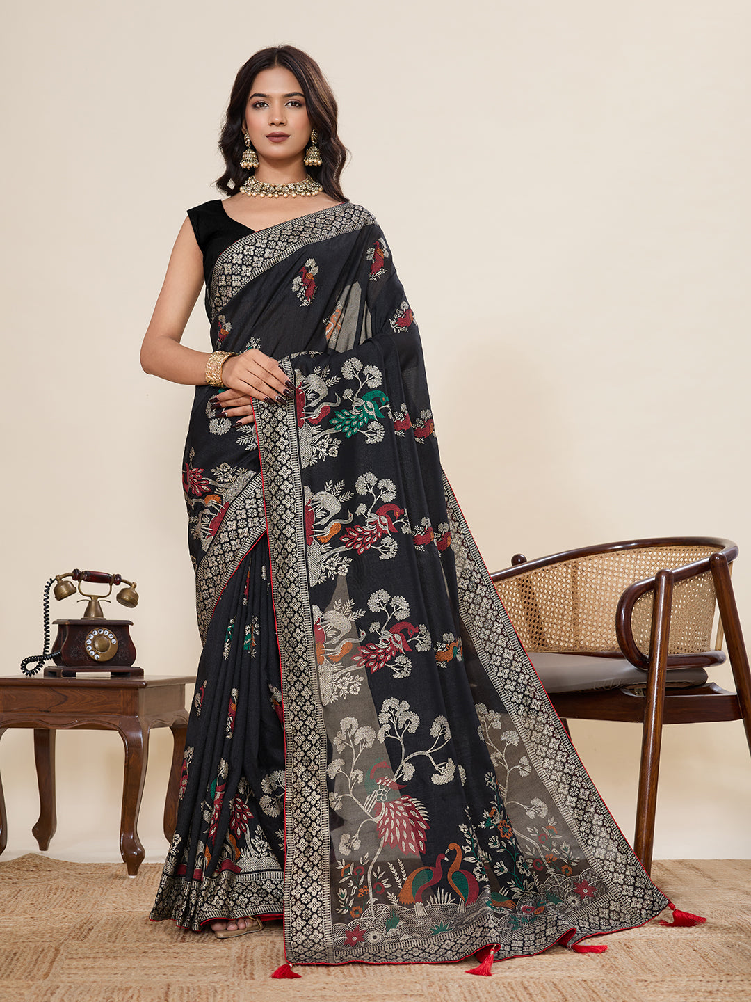 Black Cotton Saree With Table Printed And Foil Work With Pipeing Border