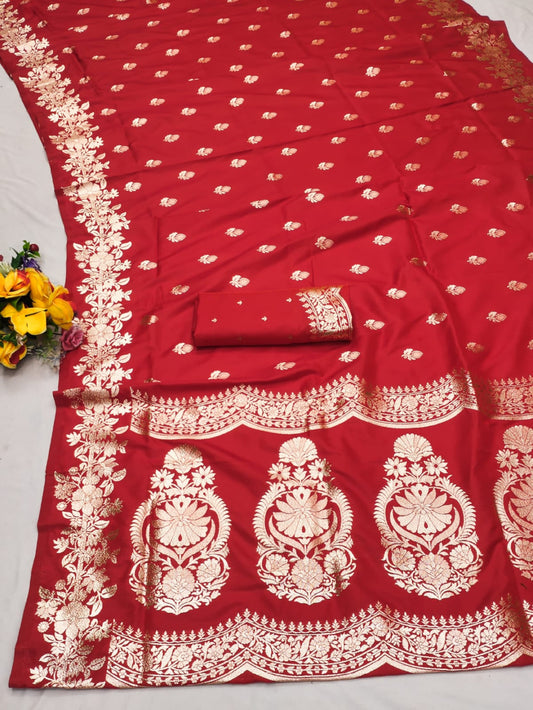 Red Soft Banarasi Silk Saree With Zari Weaving Work