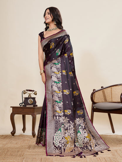Wine Soft Satin Silk Saree With Zari Weaving Work And Paithani Pallu