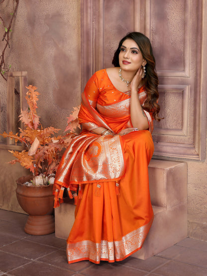 Premium Summer Special Orange Banarasi Silk Saree With Gala Weaving Exclusive Work