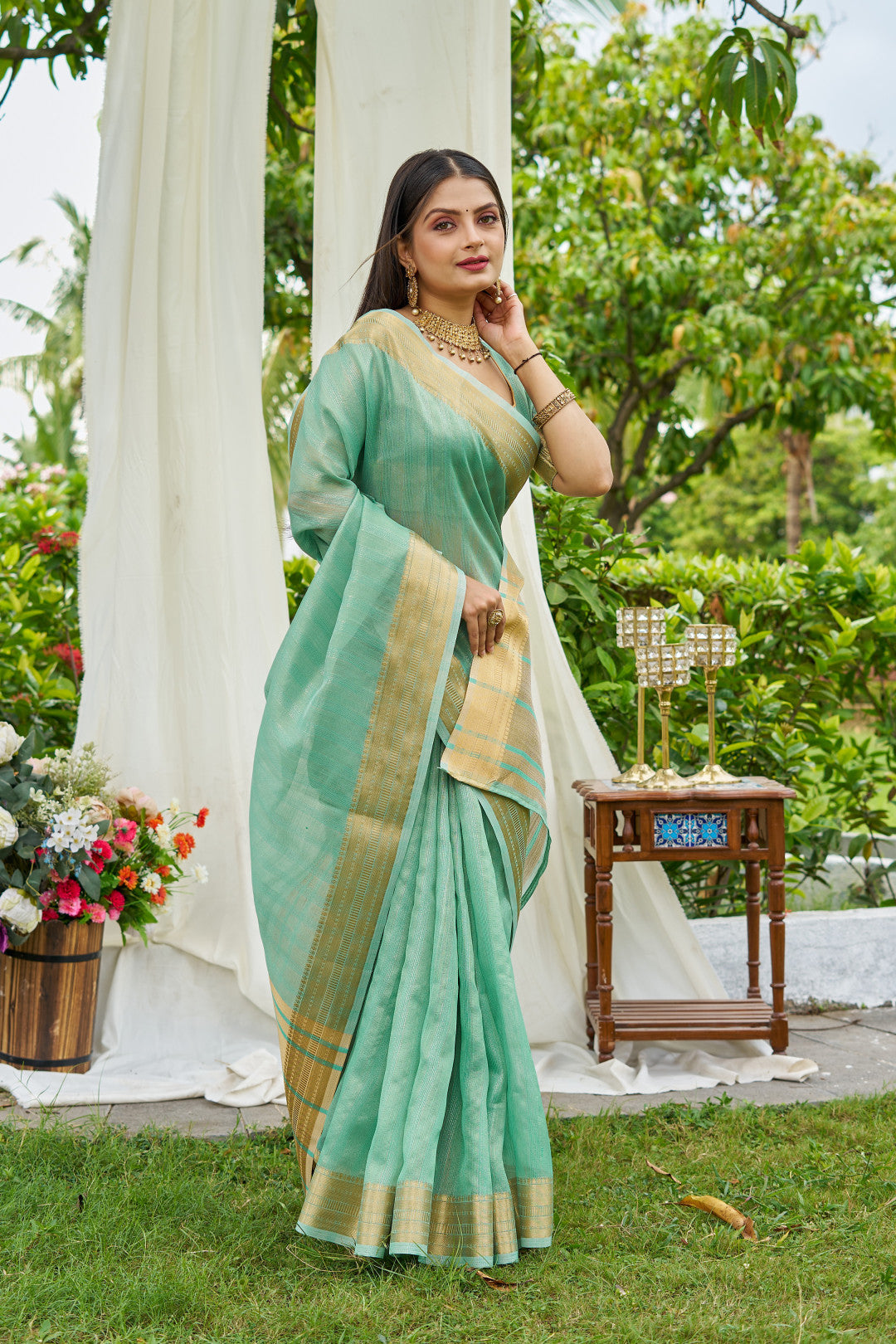 Sea Green Colour Linen Cotton Saree With Zari Weaving Border