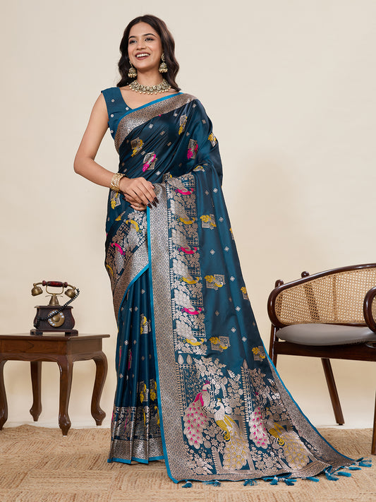 Firoji Soft Satin Silk Saree With Zari Weaving Work And Paithani Pallu