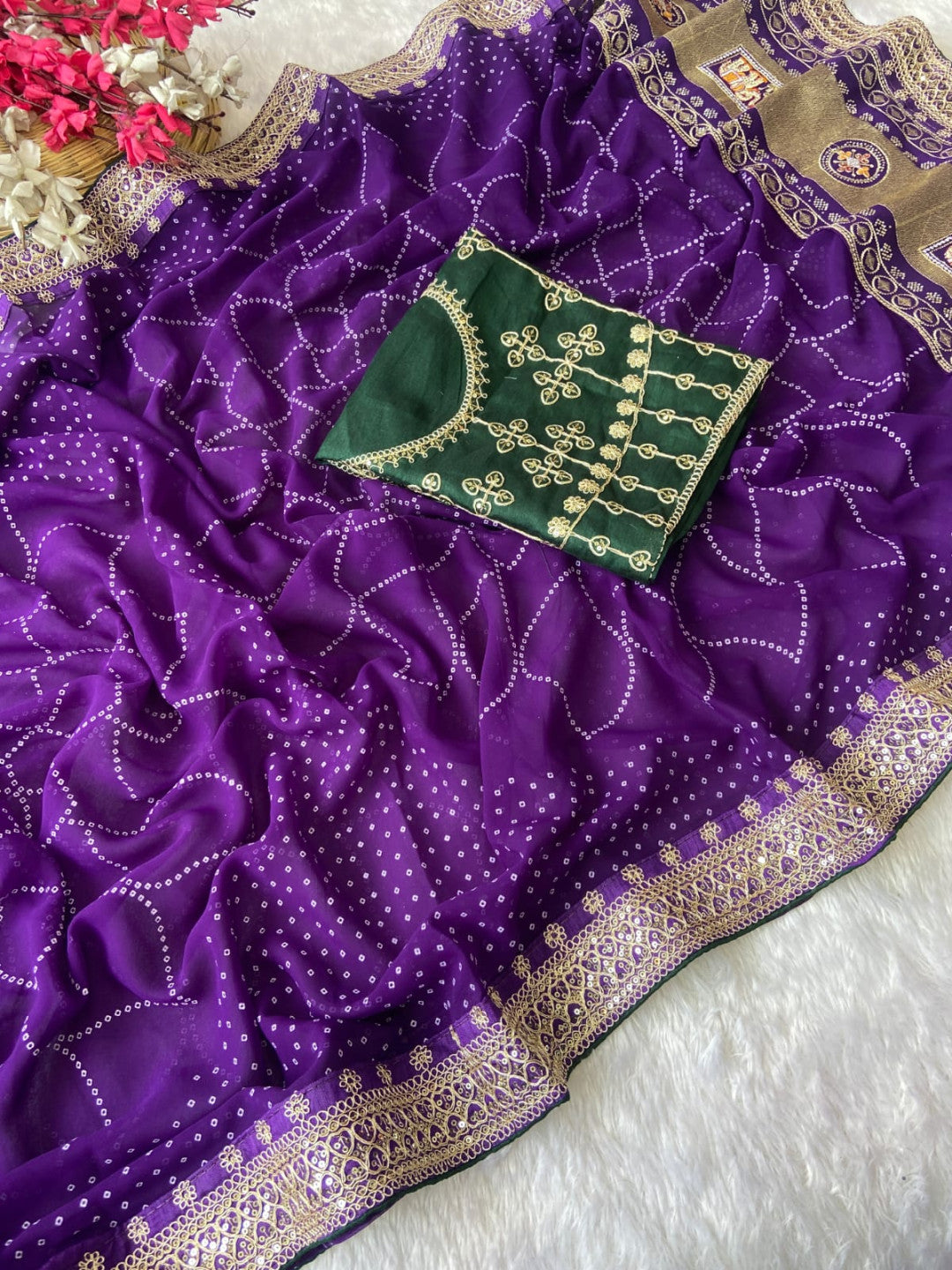 Purple Vichitra Silk Saree With Khadi Bandhej Heavy Pallu With Hotpcs C Pallu Work