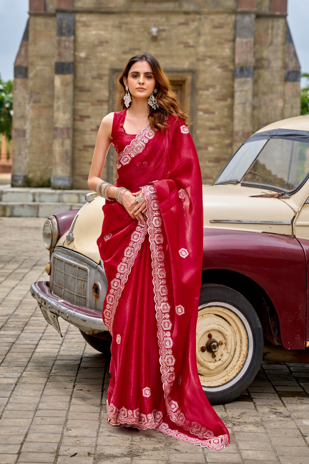 Red Fancy Shimmer Chiffon Saree With Embroidery Work