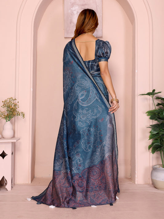 Blue Colour Chanderi Cotton Saree With Digital Printed Work