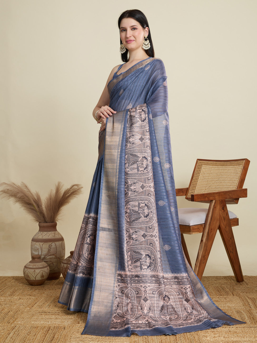 Gray Soft Cotton Saree With Kalamkari Digital Printed Pallu & Zari Border