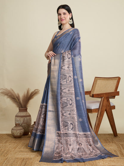 Gray Soft Cotton Saree With Kalamkari Digital Printed Pallu & Zari Border