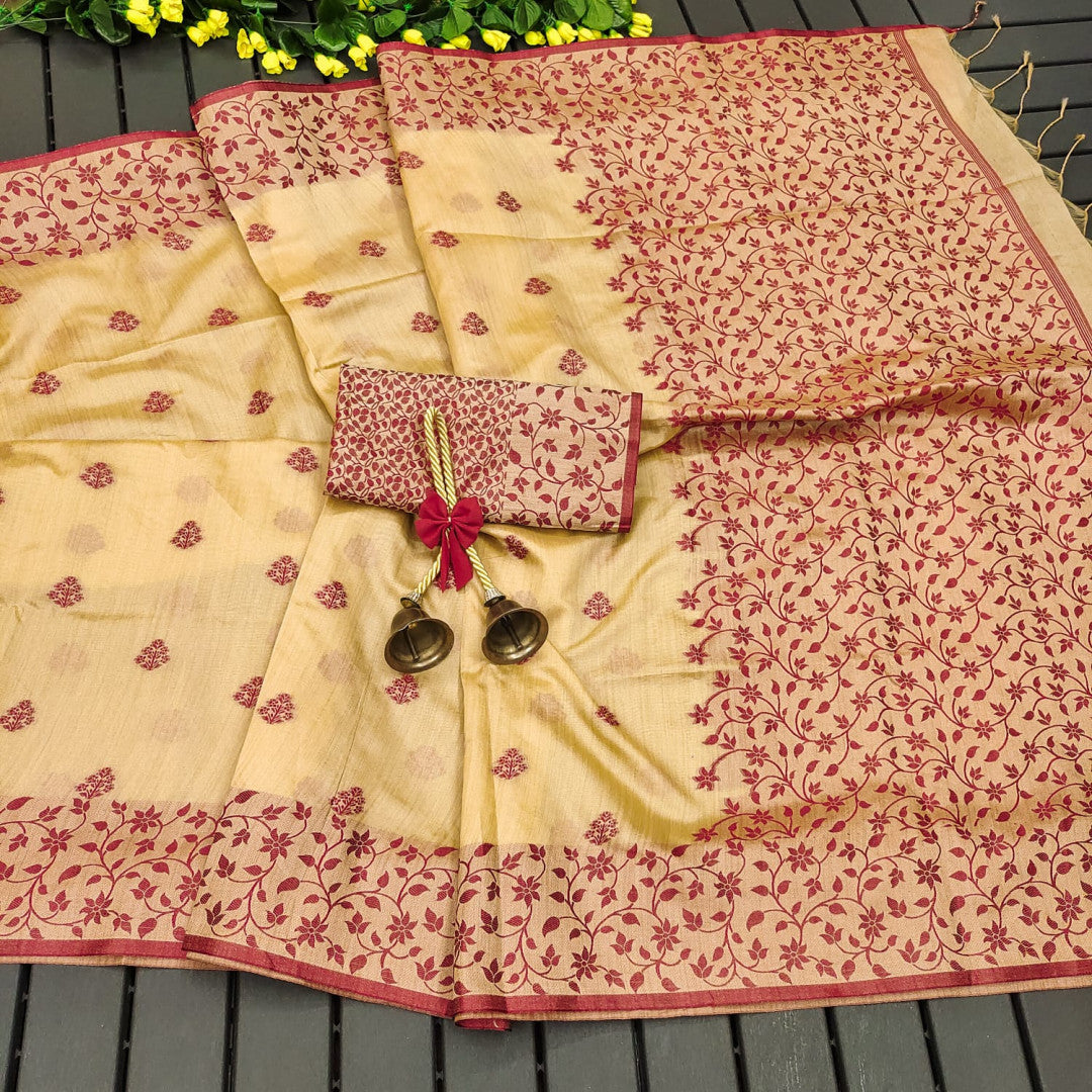 Beige Color Khadi Raw Silk Saree With Jamdani Weaving Border