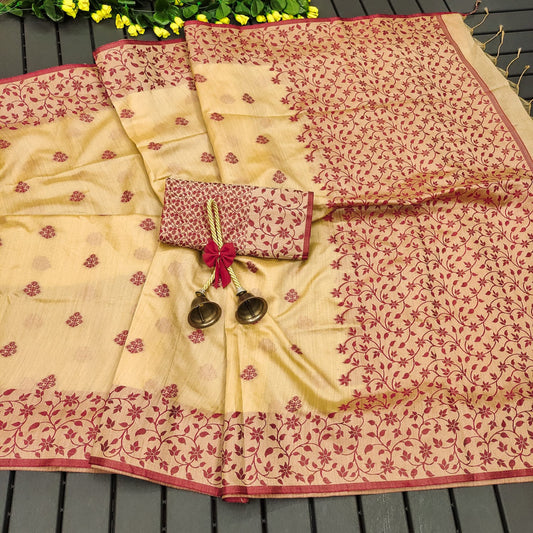 Beige Color Khadi Raw Silk Saree With Jamdani Weaving Border