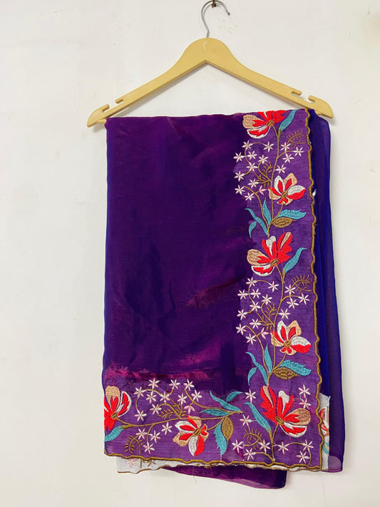 Purple Fancy Fandy Silk Saree With Embroidery Work