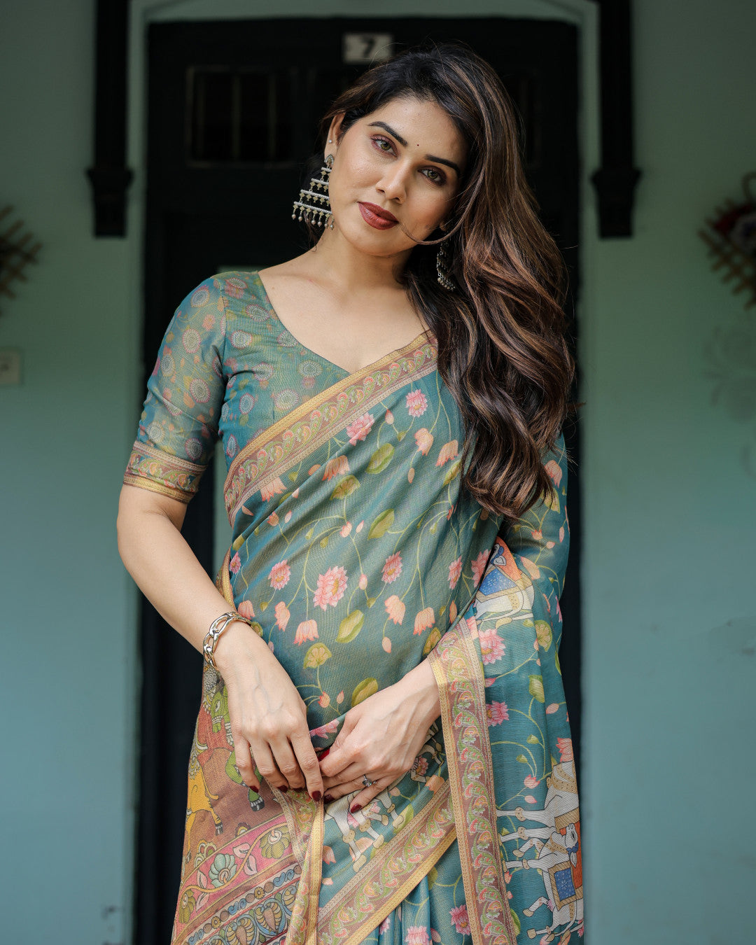Multi Kalamkari Digital Printed Linen Cotton Saree