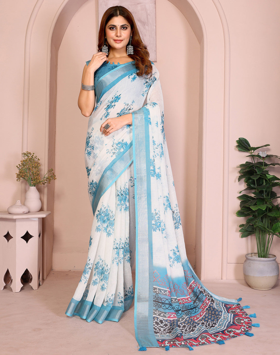 White Linen Cotton Saree With Digital Printed Work And Silver Zari Border