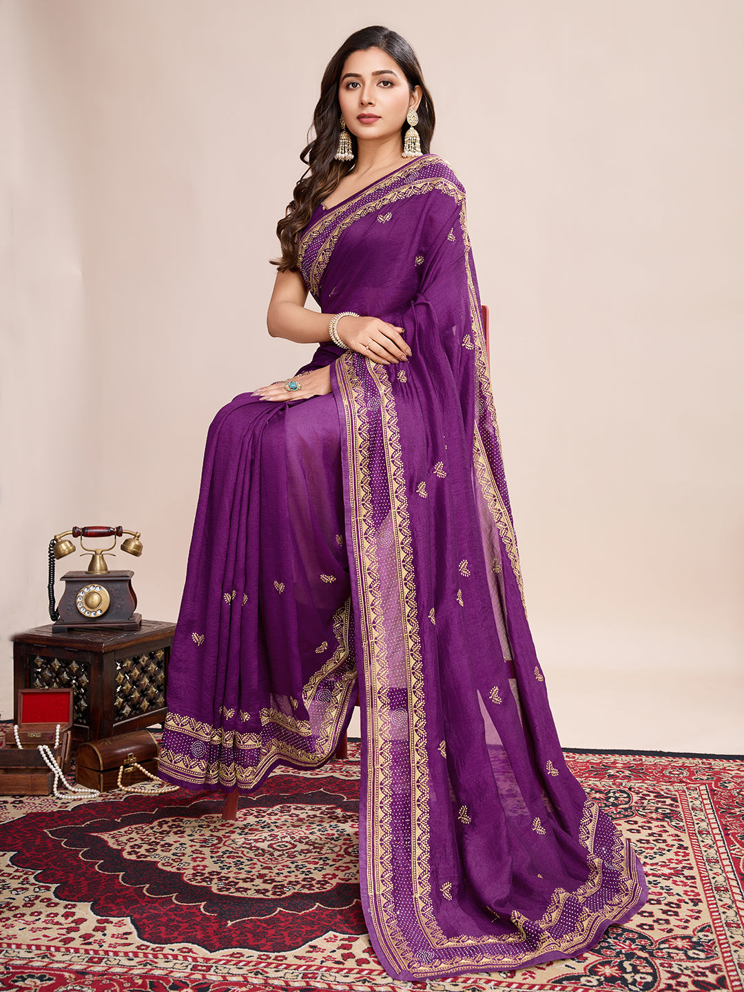 Fancy Magenta Soft Vichitra Silk Saree With Embroidery Work