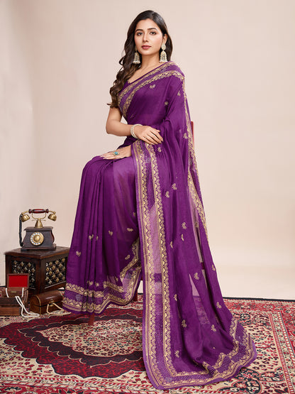 Fancy Magenta Soft Vichitra Silk Saree With Embroidery Work